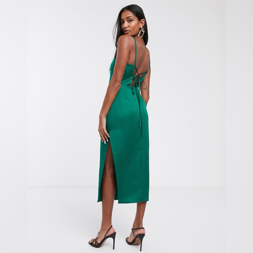 ASOS Structured Satin Green Midi Dress with Tie Back Detail